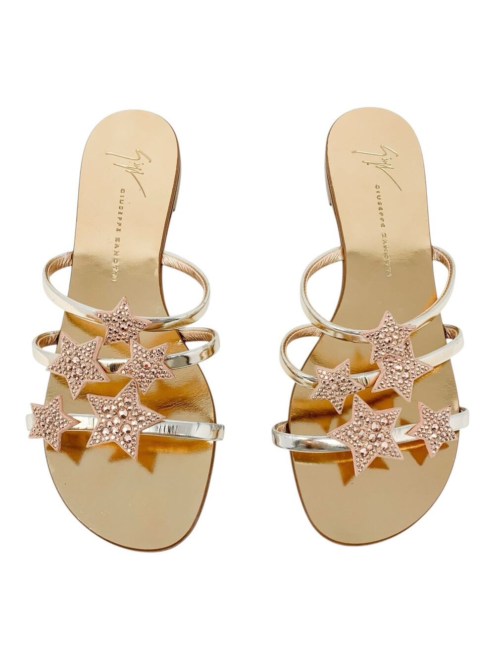 Giuseppe Zanotti Crystal Star Metallic Rose Gold Silver Leather Sandals EU 37.5